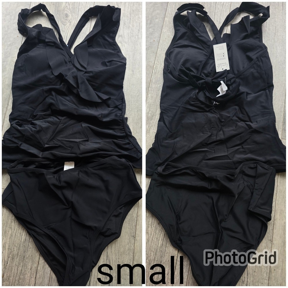 CUPSHE Black Ruffled V-Neck Tankini Top & Tummy Control Bottoms Set Size Small‎ - Picture 5 of 5